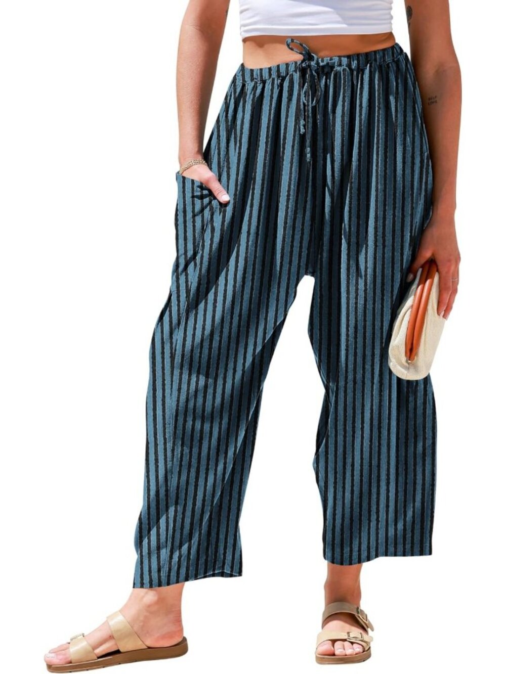 Chic Women's Wide Leg Striped Linen Pants with Pockets - Perfect Summer Style